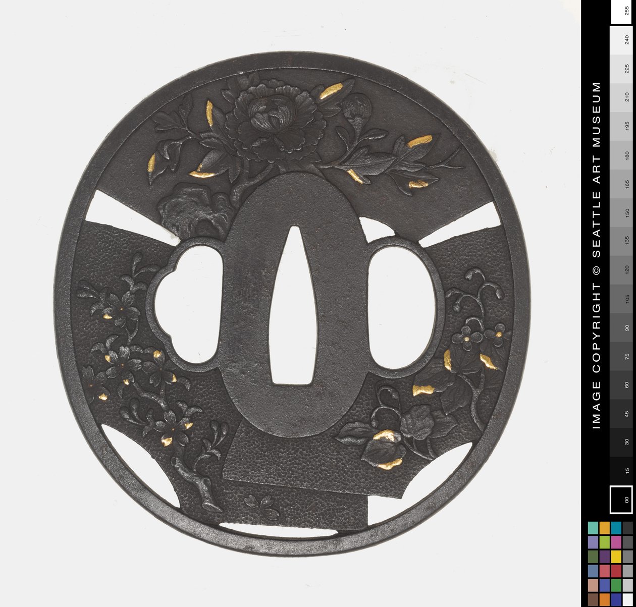 Tsuba: Krysantemum, Kirsebær, Iris av Japanese School