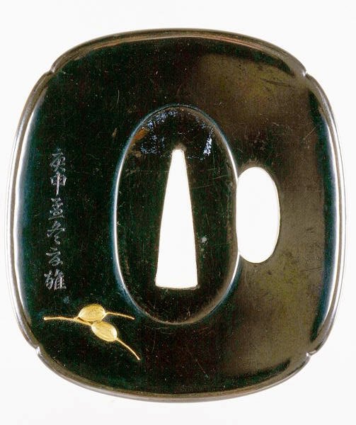 Tsuba, japansk sverdvakt (shakudo kobber og gulllegering) (for sett forfra se 210153) av Japanese School