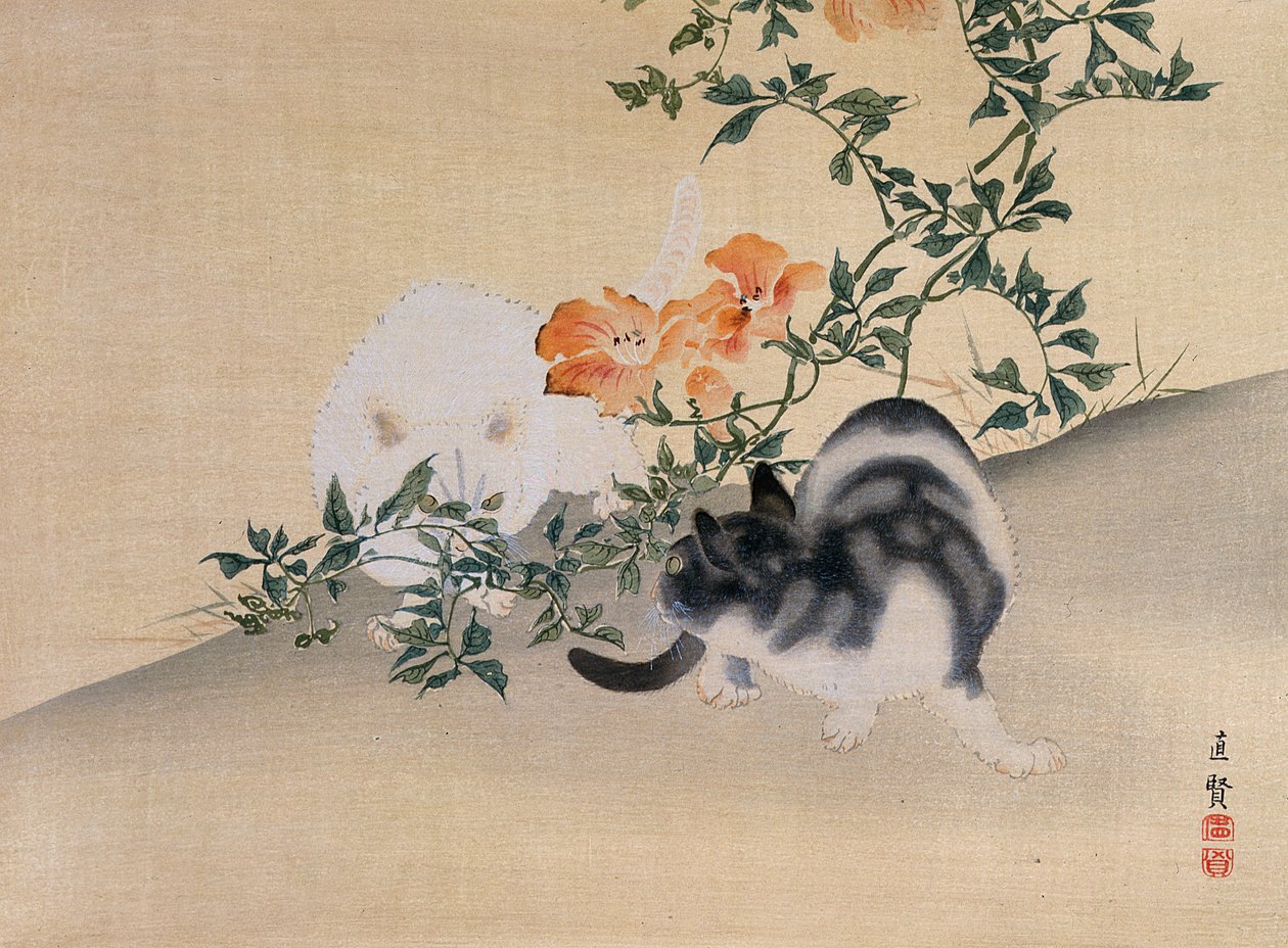 To katter, illustrasjon fra The Kokka magazine, 1898-99 av Japanese School
