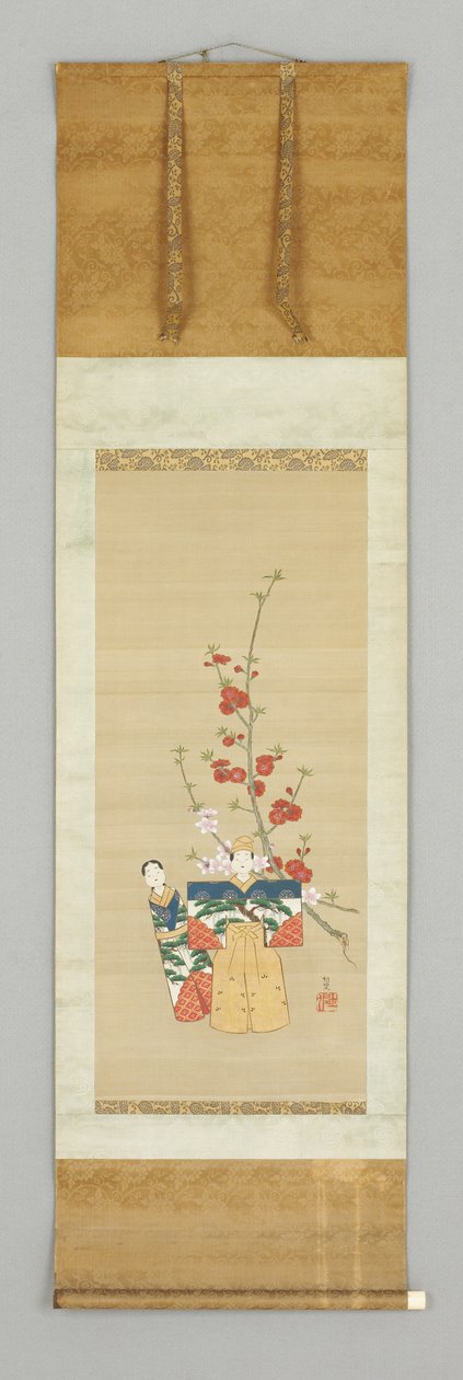 To japanske dukker og en blomstrende Gren, slutten av 1700-tallet (farge på silke) av Japanese School