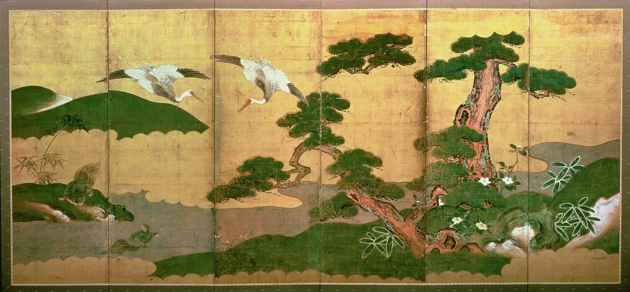 To kraner som dykker bak furu og steinved, Edo-perioden av Japanese School