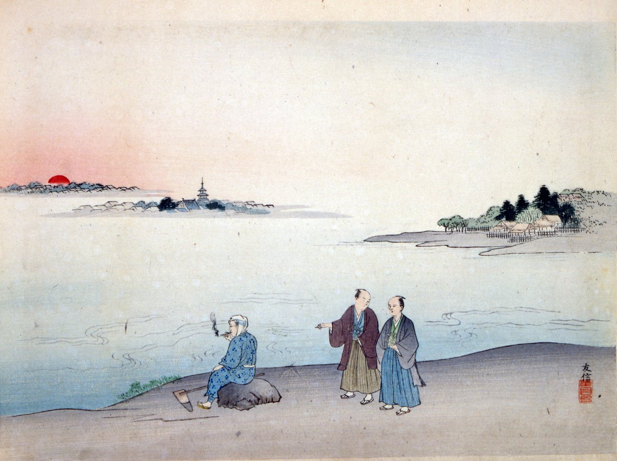 To menn som går ved en innsjø, ca. 1870 av Japanese School