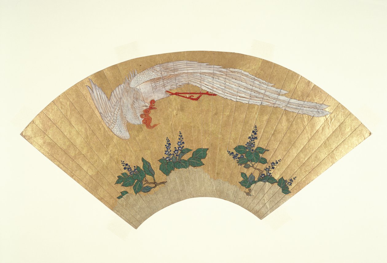 Umontert vifte: Fugledykking på snødekt bambus, ca. 1700-60 (gull og wc på papir) av Japanese School