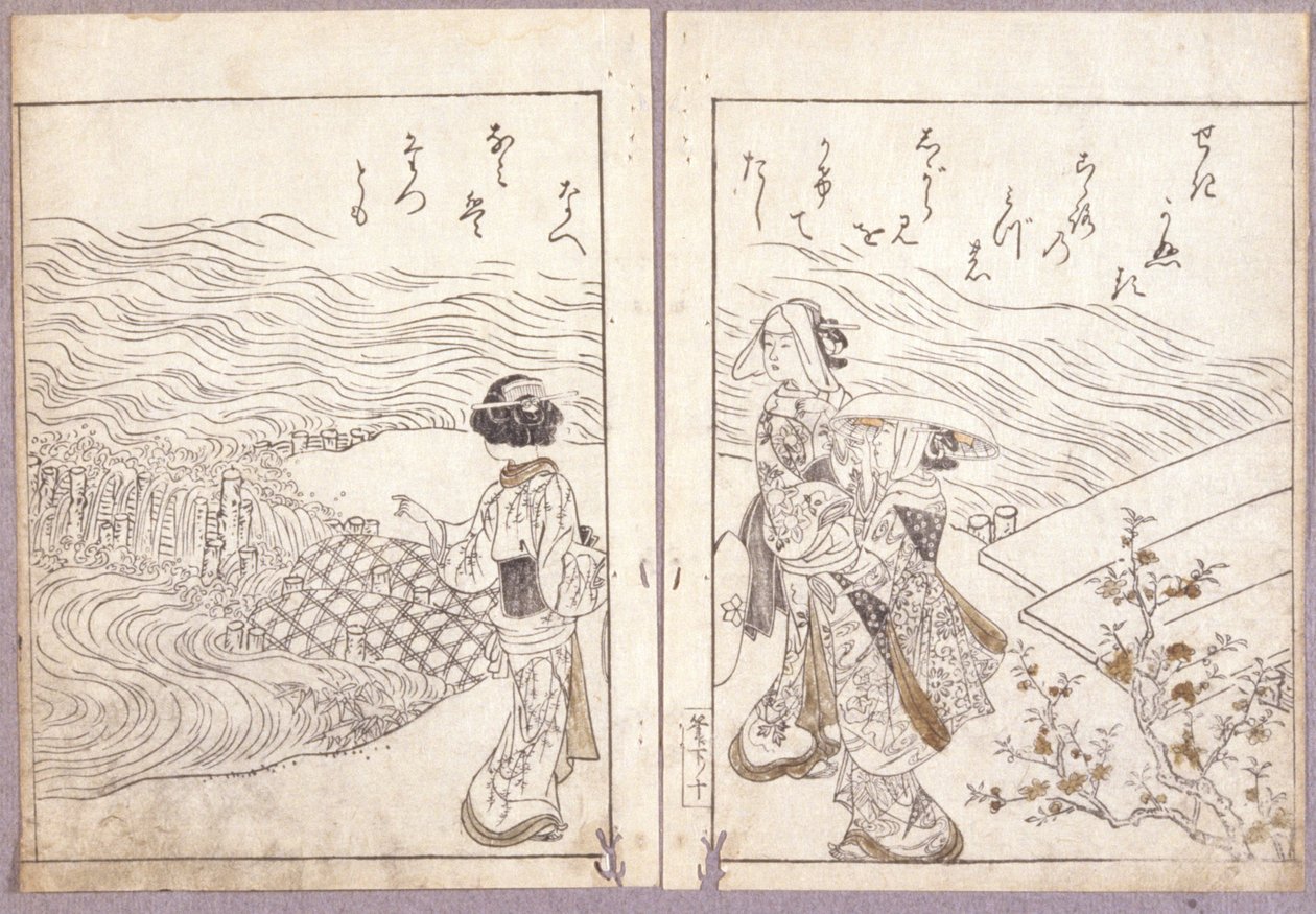 Uten tittel (A Hojo Party From Azuma Genji Pilgrimage Crowd Viewing The Buddha Image) (fargetresnitt) av Japanese School