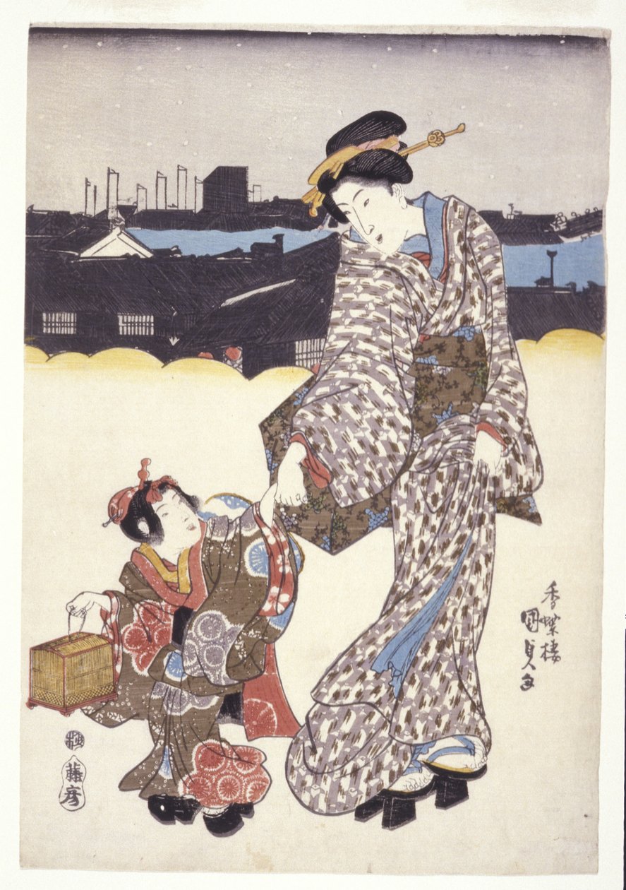 Uten tittel (A Woman And Child) (fargetresnitt) av Japanese School