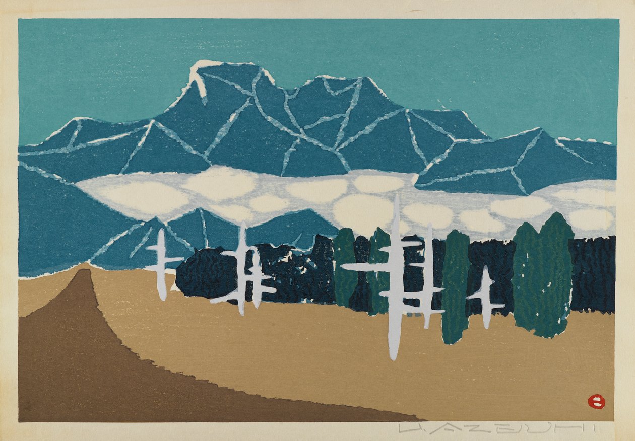 Uten tittel (Snow Mountain Landscape), tilskrevet U. Azeuhi (treblokk fargetrykk) av Japanese School