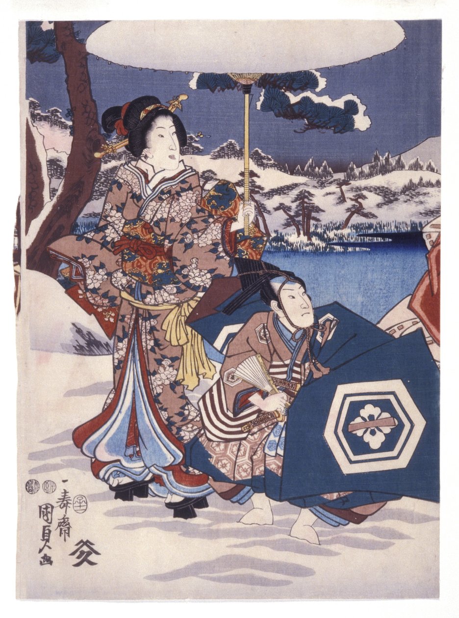 Uten tittel (To figurer i et snølandskap) (fargetresnitt) av Japanese School