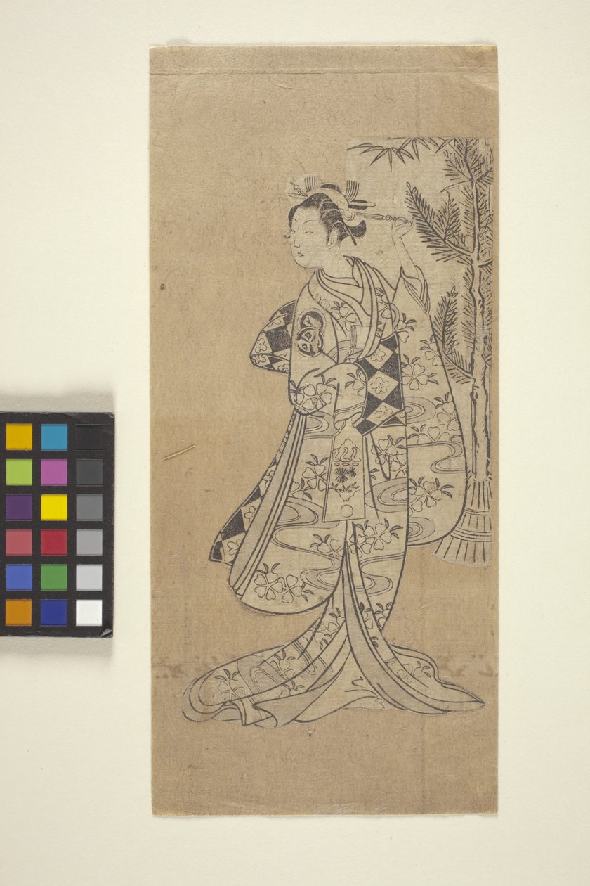 Uten tittel (Woman Standing In Front Of Tree) (farget treblokktrykk) av Japanese School