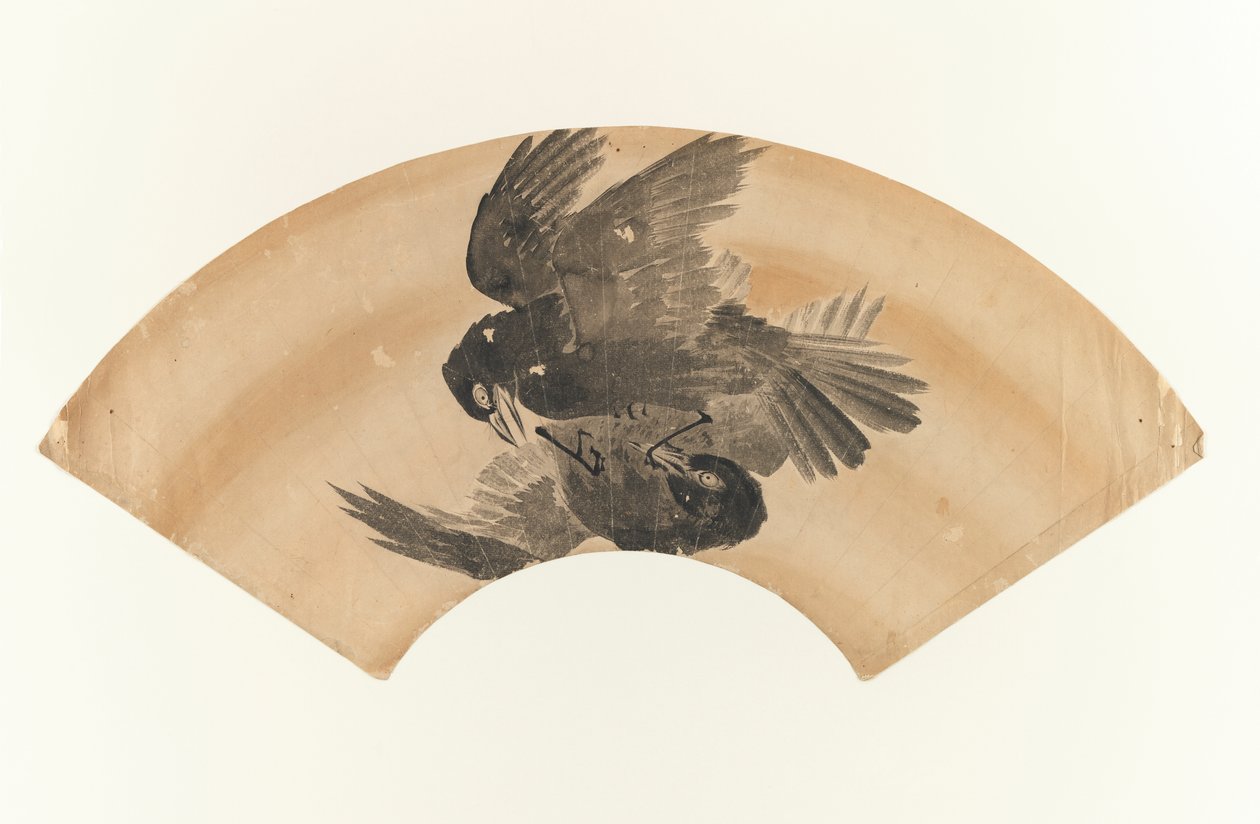Uten tittel - vifteformet tegning av to fugler, 1603-1868 (blekk på papir) av Japanese School