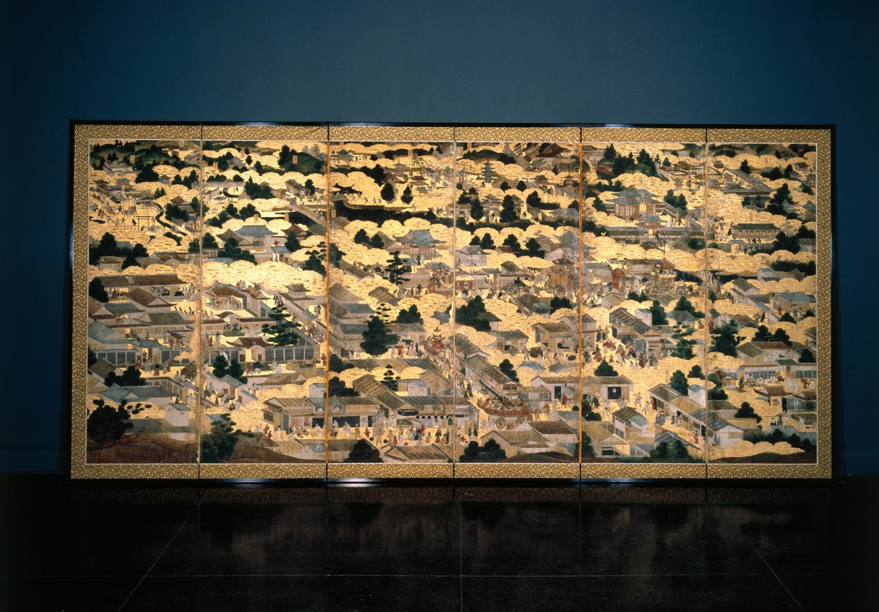 Utsikt i og rundt Kyoto, Edo-perioden, ca. 1616-24 (blekk, farge og bladgull på papir) av Japanese School