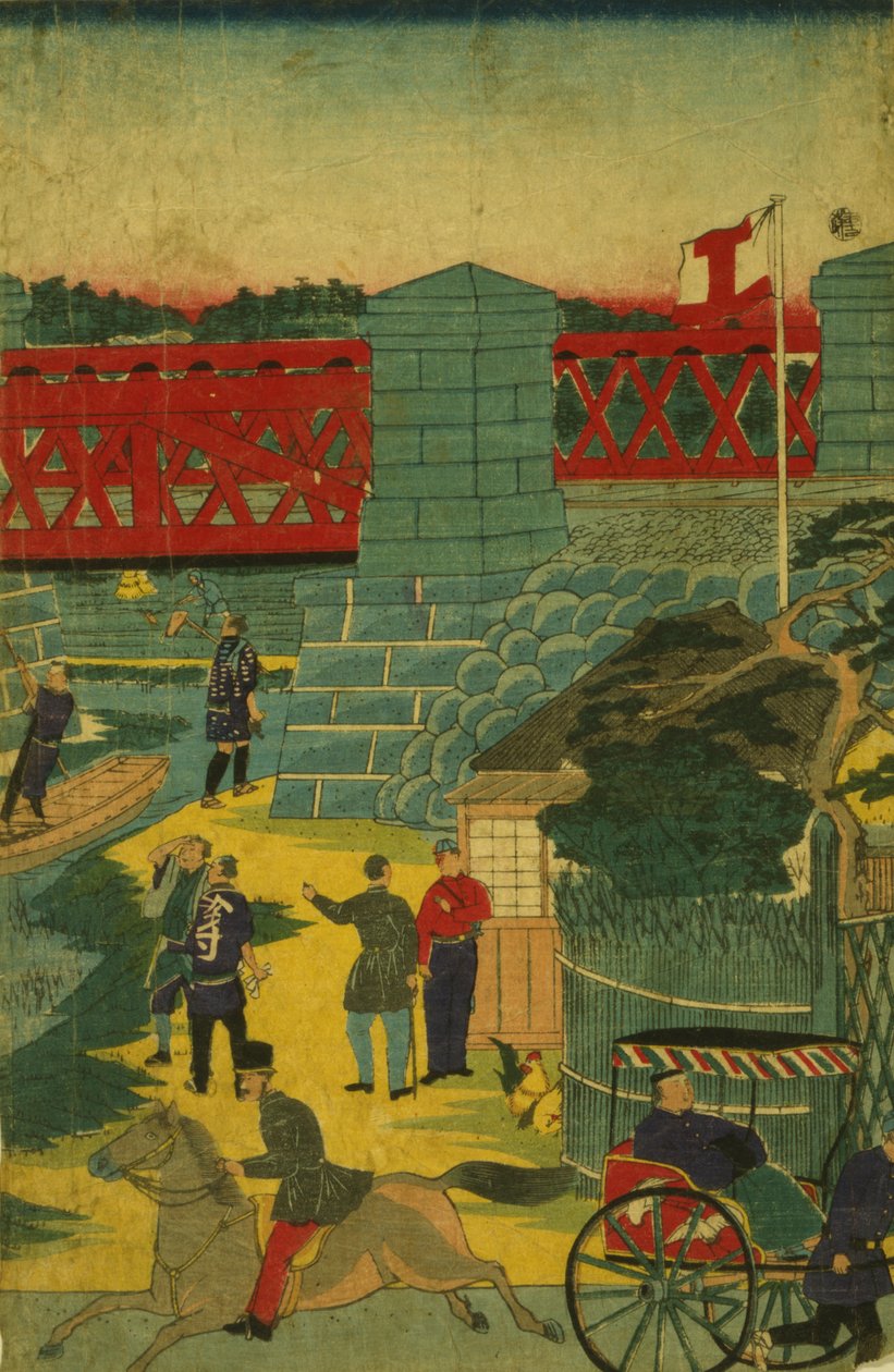 Landsbyscene i Japan som viser folk engasjert i ulike aktiviteter, ca. 1870 av Japanese School