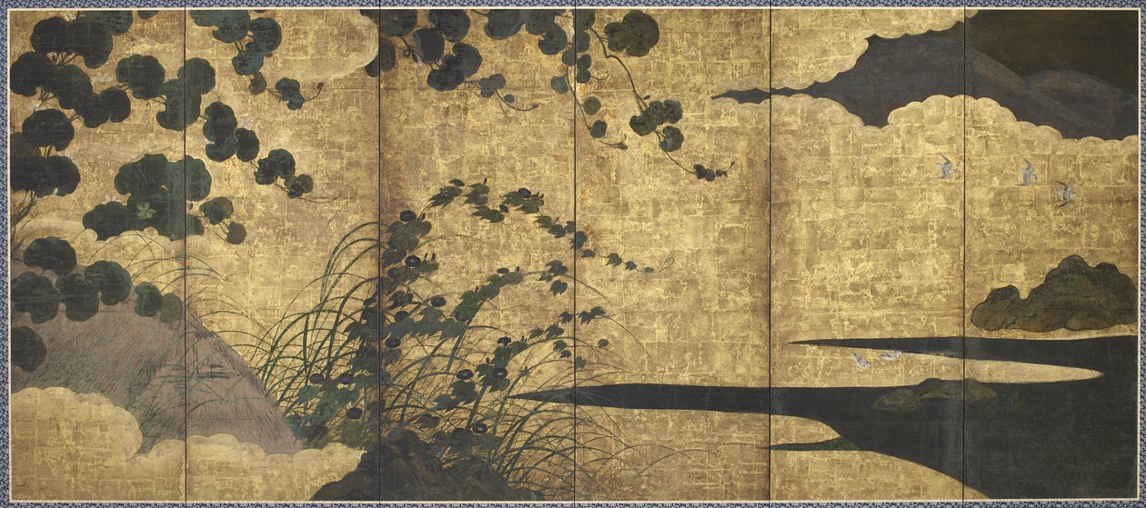 Vinranker, hytte, gress og strandfugler, Momoyama-perioden, 1568-1615 (gull, blekk og farge på papir) av Japanese School