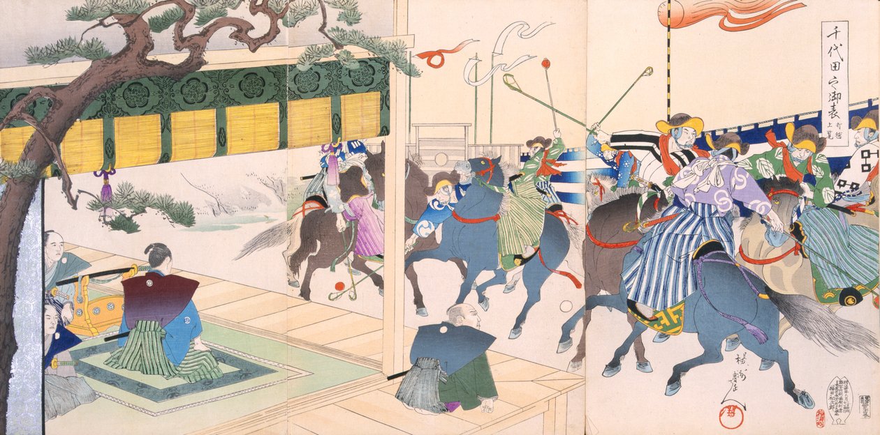Krigere som spiller en slags polo, 1800-tallet. av Japanese School