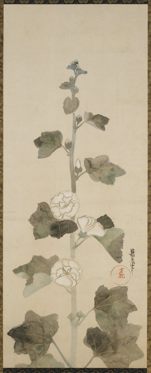 Hvite stokkroser, Edo-perioden, 1615-1868 (blekk, fargetone og gull på papir) av Japanese School