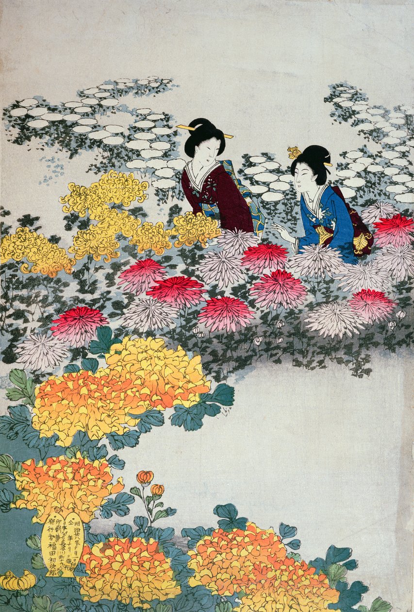 Kvinner i en blomstrende hage (farget treblokktrykk) av Japanese School