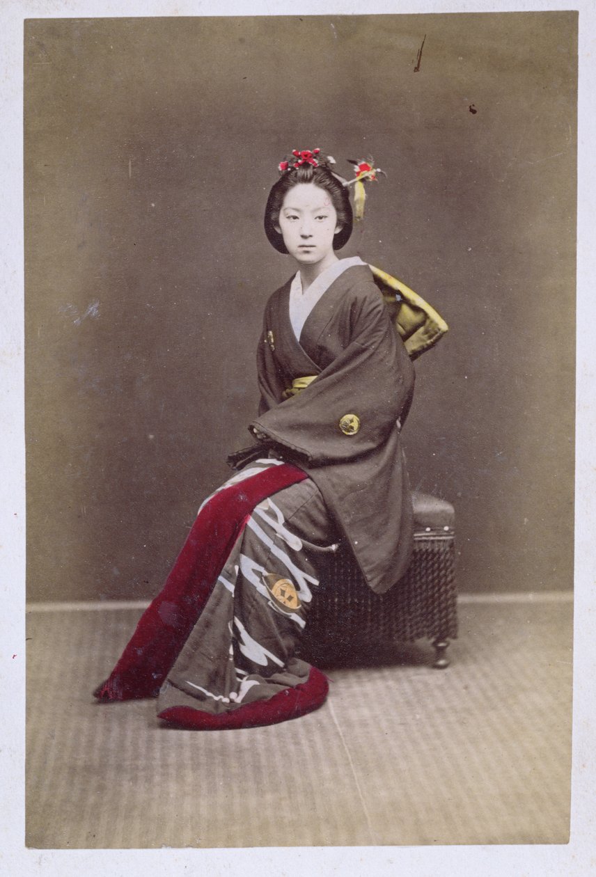 Ung jente i en kimono, ca. 1860-70 (håndfarget bilde) av Japanese School