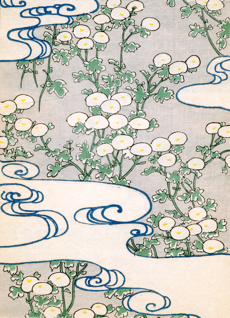 farget treblokktrykk av Blooming Vines og Wave Pattern av Japanese School
