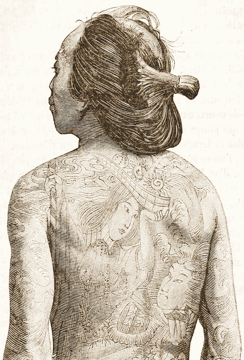 mann med tradisjonelle japanske Irezumi-tatoveringer, ca. 1880 av Japanese School