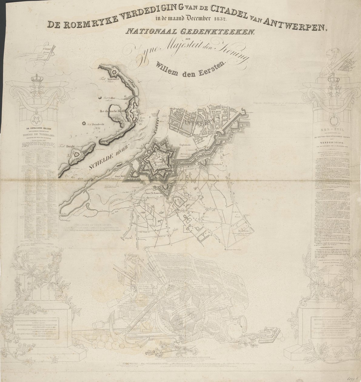Roemryke-forsvaret av Citadel of Antwerpen, i desember måned 1832. Nasjonalt minnesmerke, til Hans Majestet Kongen, Willem den Eerste (tittel på objekt) av Ja.s Wyld