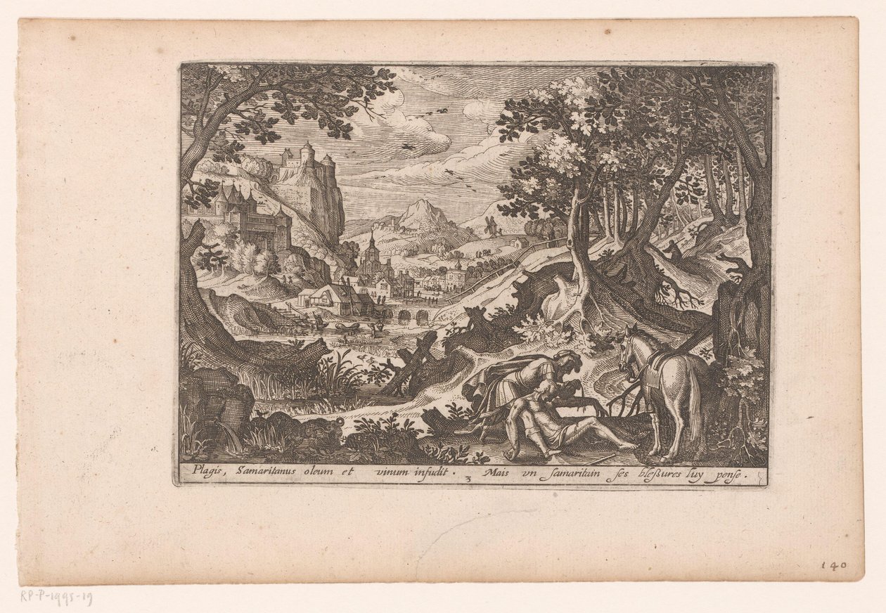 Landskap med historien om den barmhjertige samaritanen: samaritanen hjelper offeret på hesten sin Historien om den barmhjertige samaritan (serietittel) av Jaspar de Isaac (attributed to)