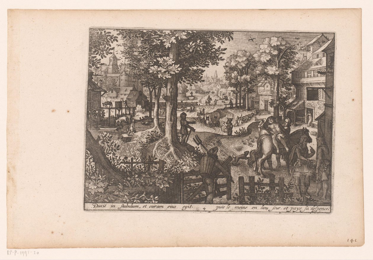 Landskap med historien om den barmhjertige samaritan: ankomsten til vertshuset Historien om den barmhjertige samaritan (serietittel) av Jaspar de Isaac (attributed to)
