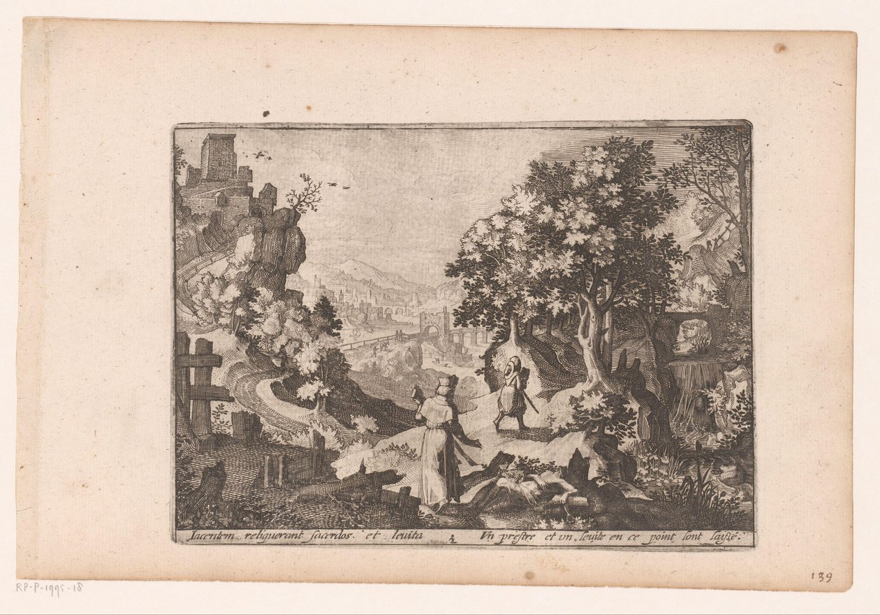 Landskap med historien om den barmhjertige samaritan: presten og levitten passerer offeret og etterlater det Historien om den barmhjertige samaritan (serietittel) av Jaspar de Isaac (attributed to)
