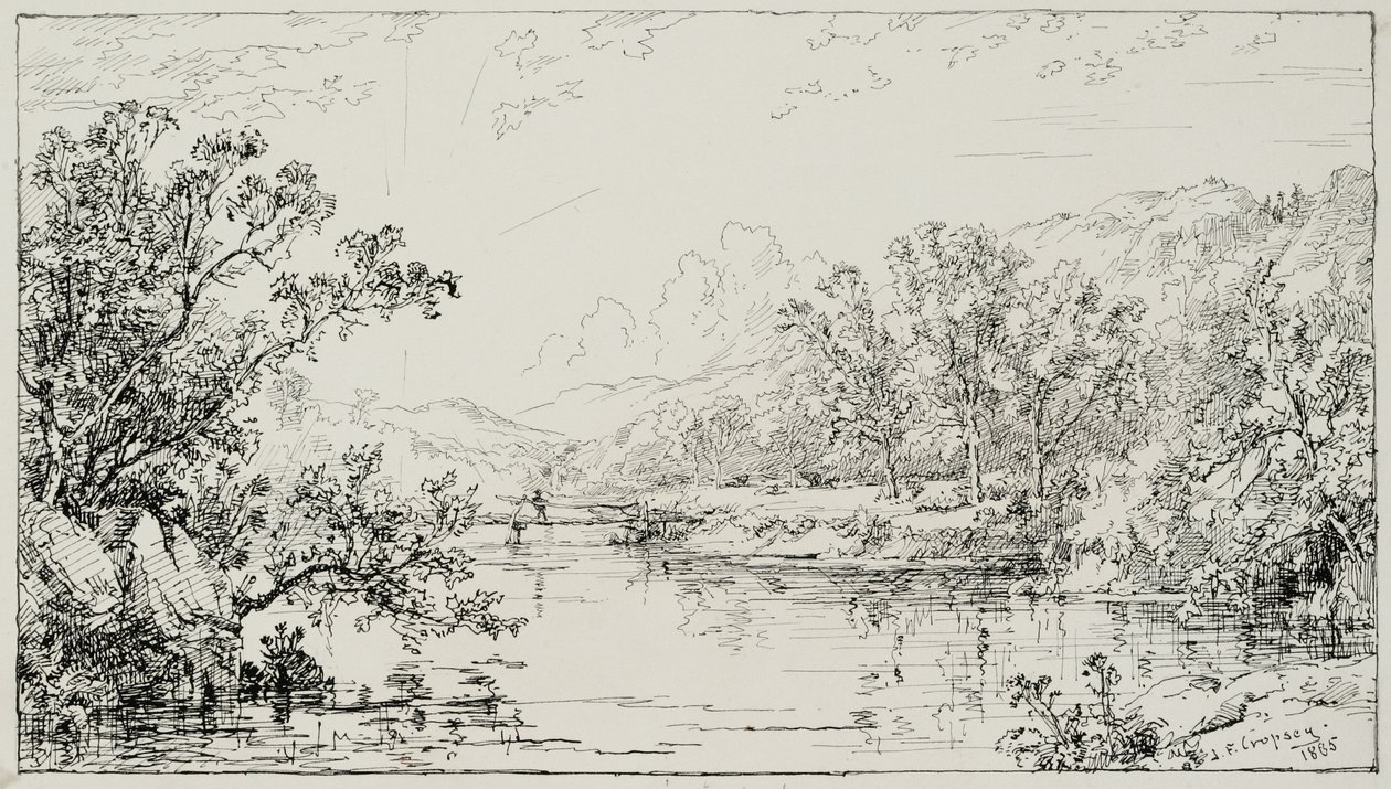 oktober i Ramapo-dalen, 1885 (penn og svart blekk med grafitttilsetninger på krembristol-brett) av Jasper Francis Cropsey