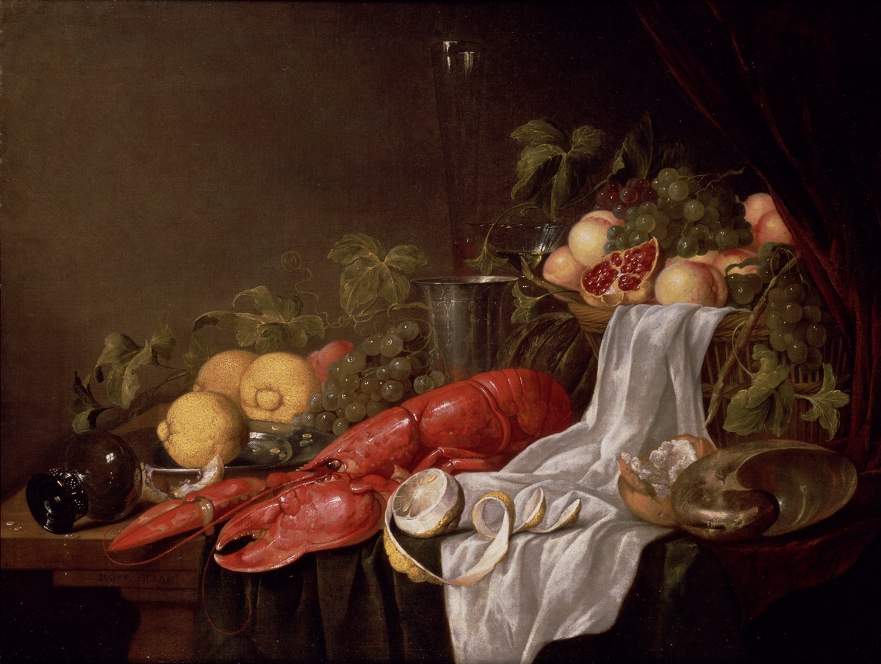 Stilleben av frukt og en hummer på et tøydrapert bord av Jasper Geerards