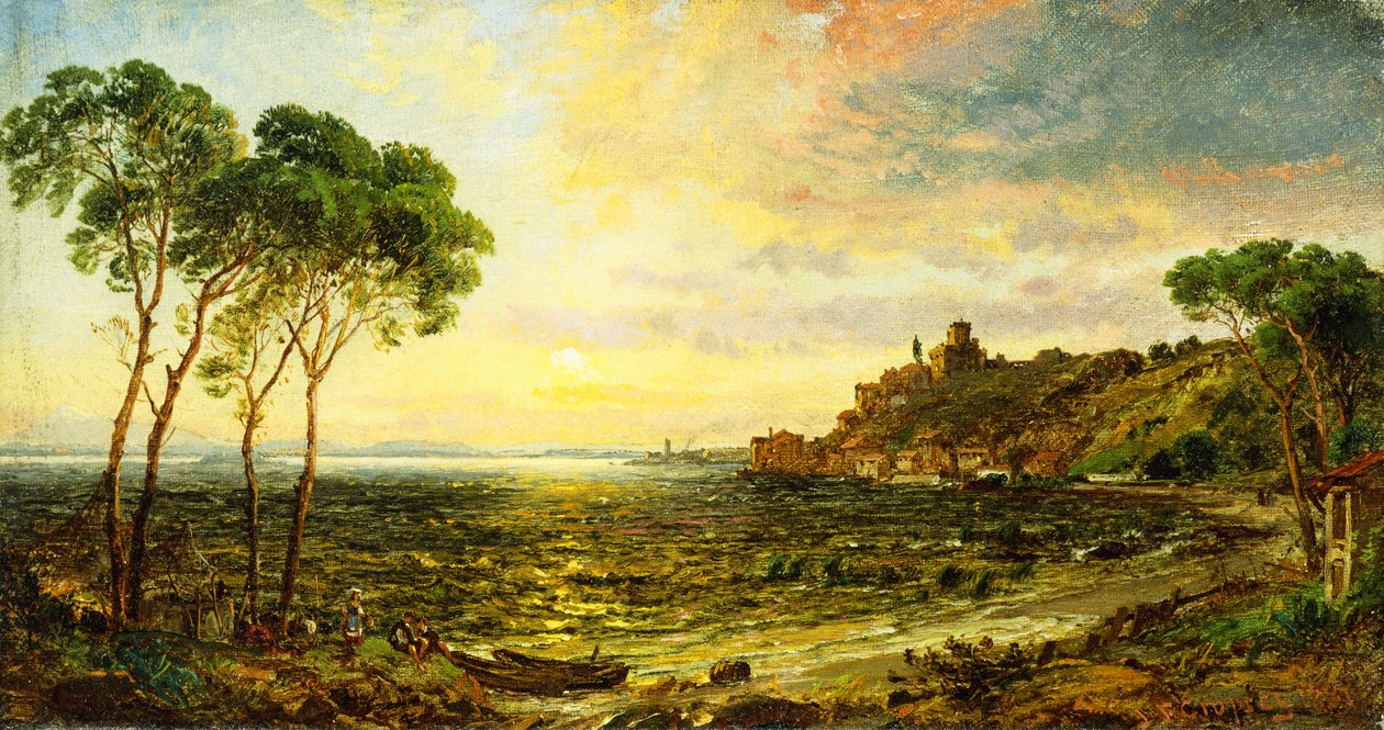 Solnedgang over innsjøen Thrasemine, 1887 av Jasper Francis Cropsey
