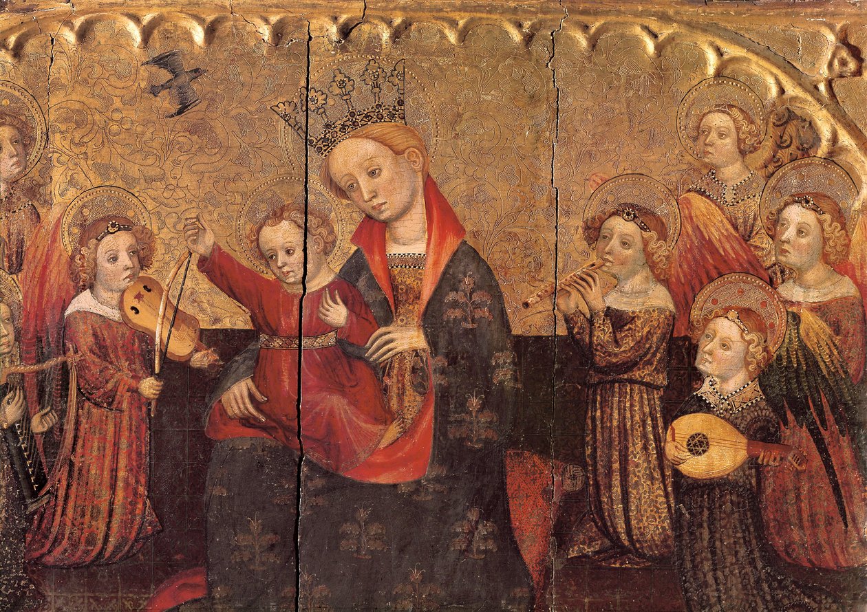 Rom fra en altertavle med jomfruen og barnet og englemusikere, tidlig på 1400-tallet (tempera på tre) av Jaume Cabrera