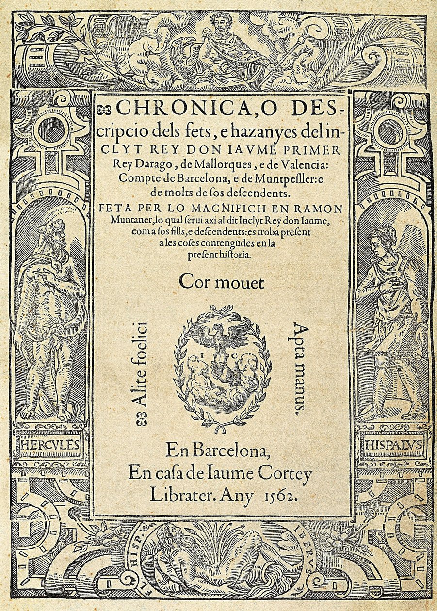 Ramon MUNTANER (1265-1336), katalansk militær og spaltist. Omslag til boken Chronica, o descripcio dels fets, e hazanyes del inclit rey Don Jaume Primer, av en utgave laget i Barcelona i huset til boktrykkeren Jaume Cortey. Gravering, Spania, Barcelona, ​​ av Jaume Cortey