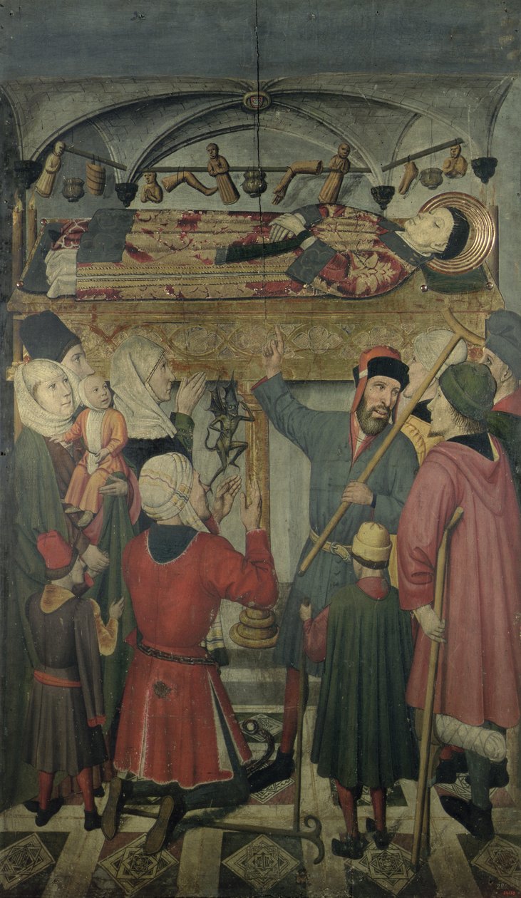 Eksorcisme av en besatt mann under graven til St. Vincent av Saragossa (d.304) fra altertavlen til St. Vincent av Saragossa av Jaume Huguet