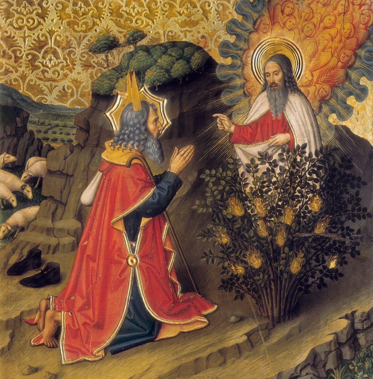 Moses og den brennende busken (tempera på tre) av Jaume Huguet