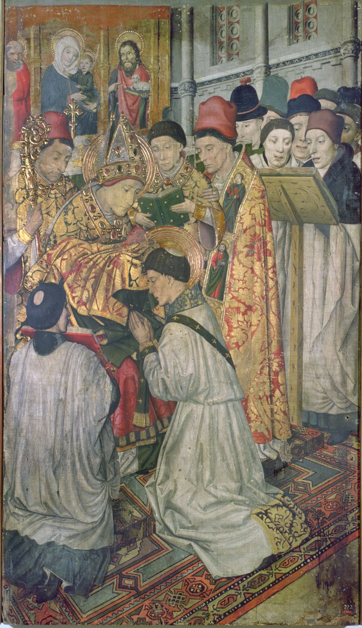 Panel av St. Vincents orden av biskopen av Saragossa, St. Valerio (olje på panel) av Jaume Huguet