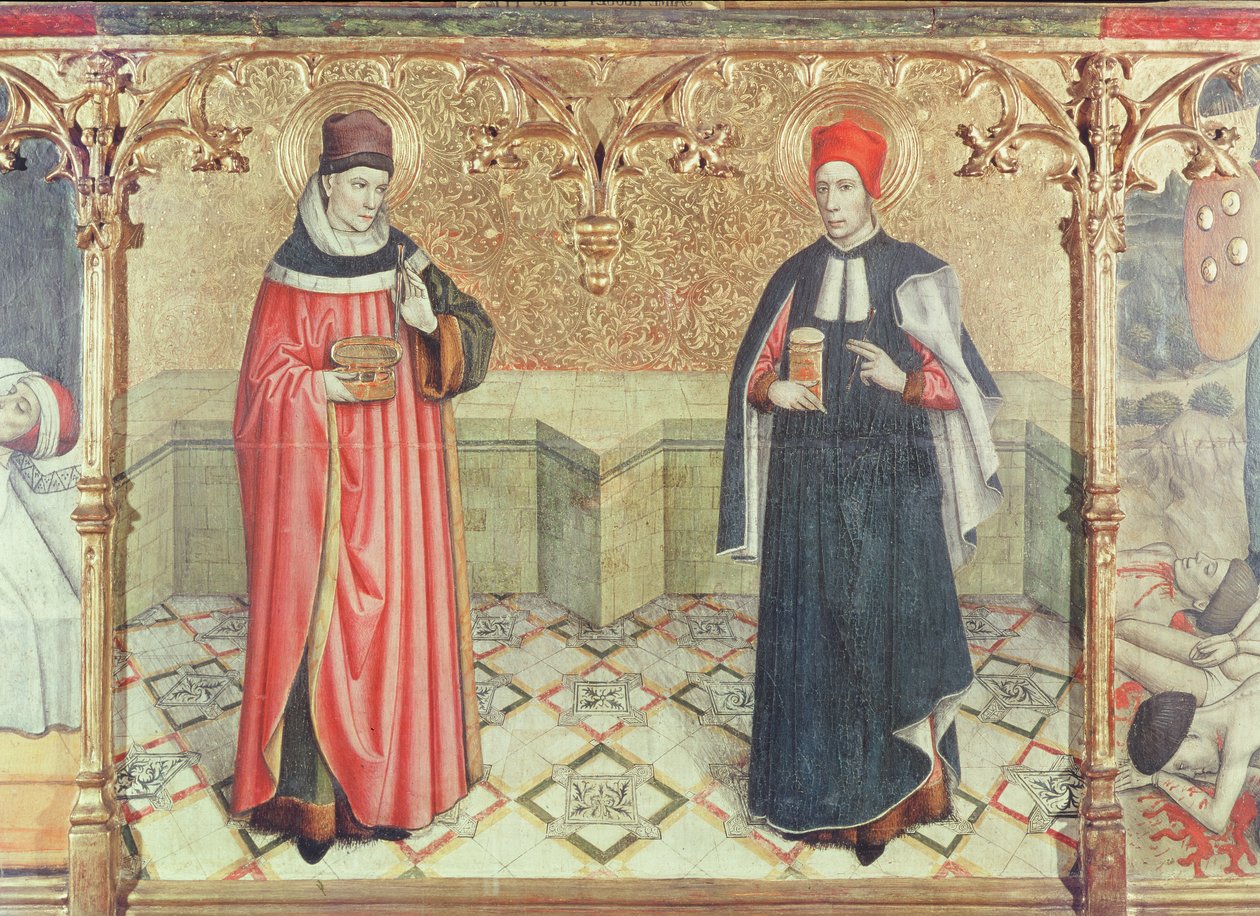 St. Cosmas og St. Damian (olje og bladgull på panel) av Jaume Huguet