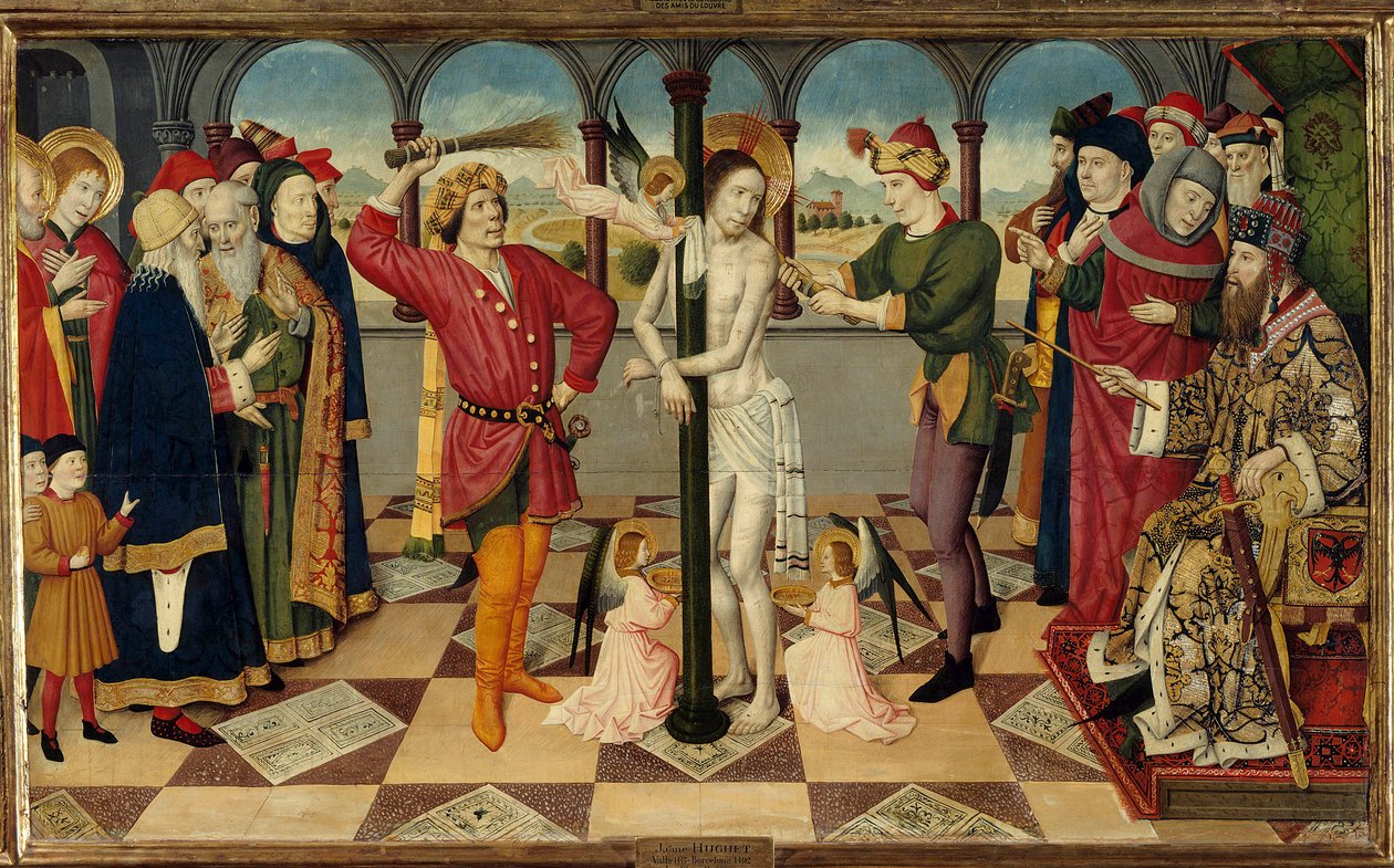 Kristi pisking foran Pontius Pilatus. Detrempe på tre av Jaume (= Jaime) Huguet den eldre (1415-1492). Dim. 0,92 x 1,56 m. av Jaume Huguet
