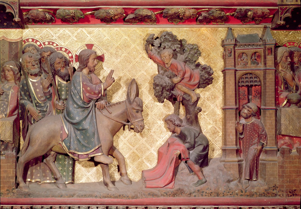 Detalj av Kristi inntog i Jerusalem, 1340-51 malt stein av Jean and Jean Le Boutellier Ravy
