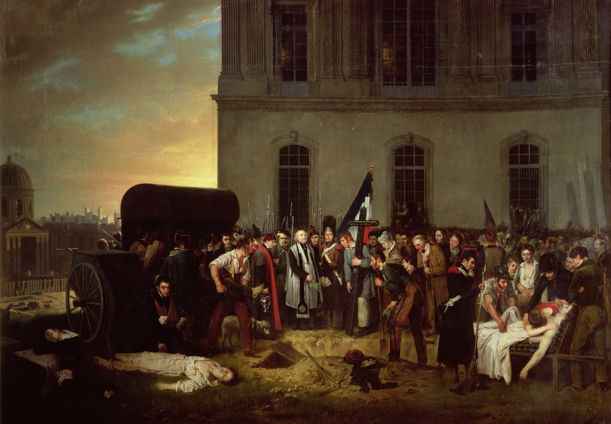 Begravelse av ofrene for julirevolusjonen foran Colonnaden i Louvre, 30. juli 1830 av Jean Alphonse Roehn