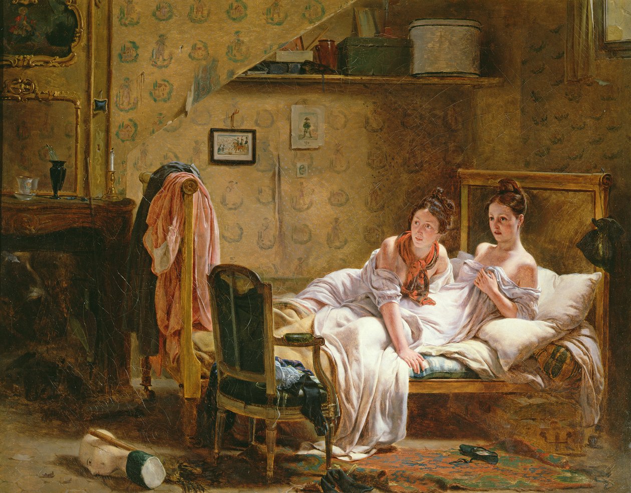 To kvinner i en seng forstyrret av en katt av Jean Alphonse Roehn