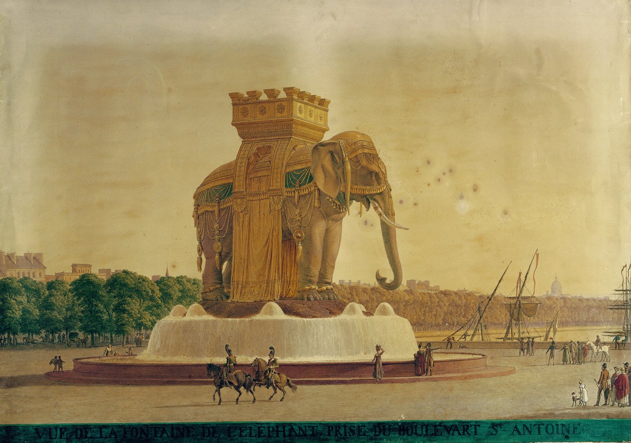 Utsikt over elefantfontenen ved Place de la Bastille, ca. 1805-1810 (wc på papir) av Jean Antoine Alavoine