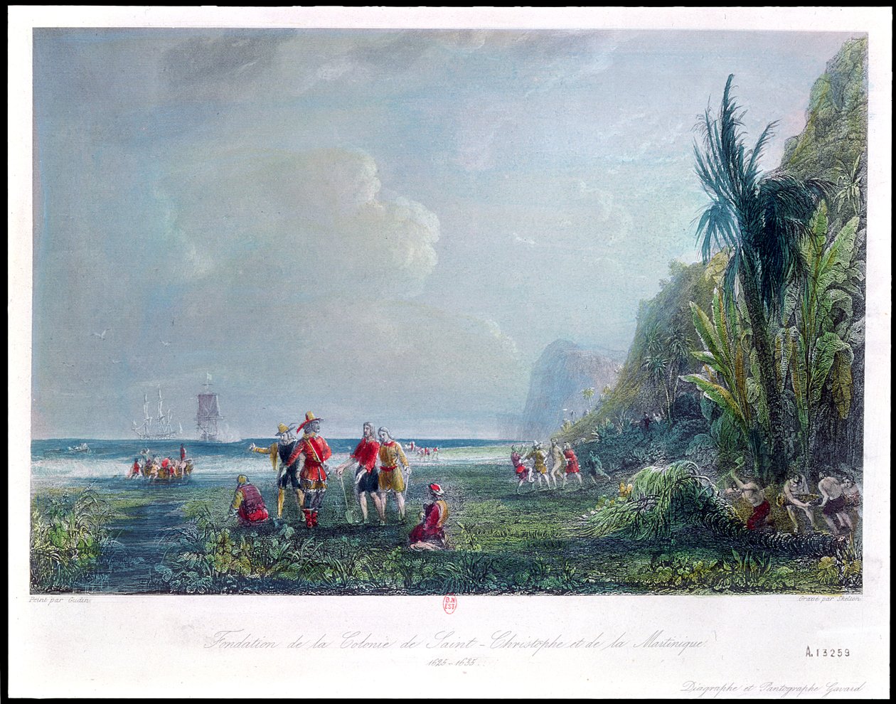 Grunnleggelsen av kolonien Saint-Christophe og Martinique rundt 1625-35 av Jean Antoine Theodore Gudin
