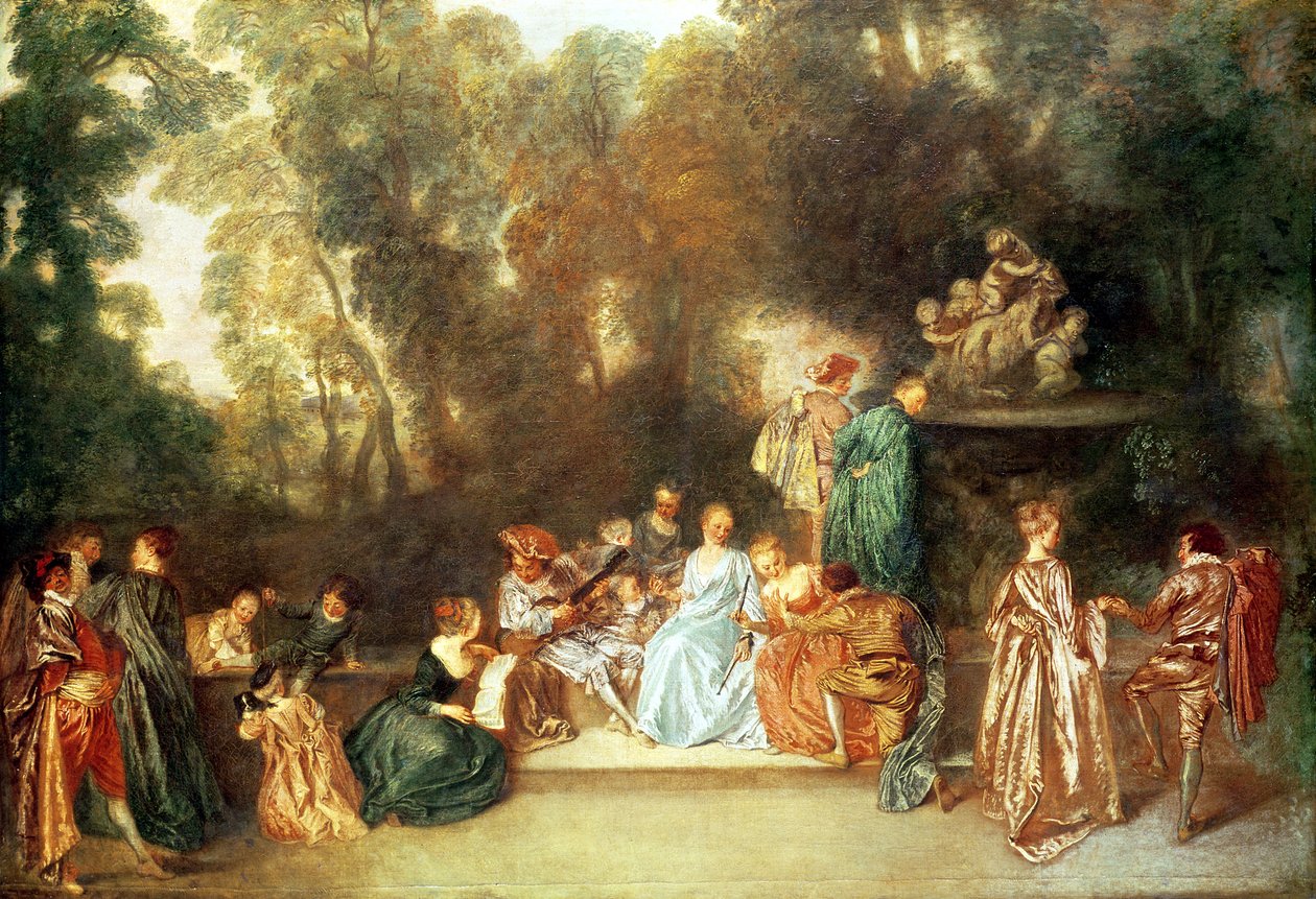 Fete galante med gitarist og en skulptur av putti som spiller med en vær, ca. 1717-19 av Jean Antoine Watteau