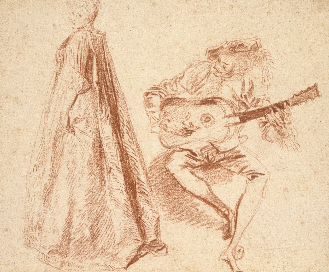 Jente som står i profil til venstre, ser over venstre skulder, med en mann til høyre, spiller en gitar (rødt kritt på blekt, beige papir, lagt ned på blått underlagspapir) av Jean Antoine Watteau