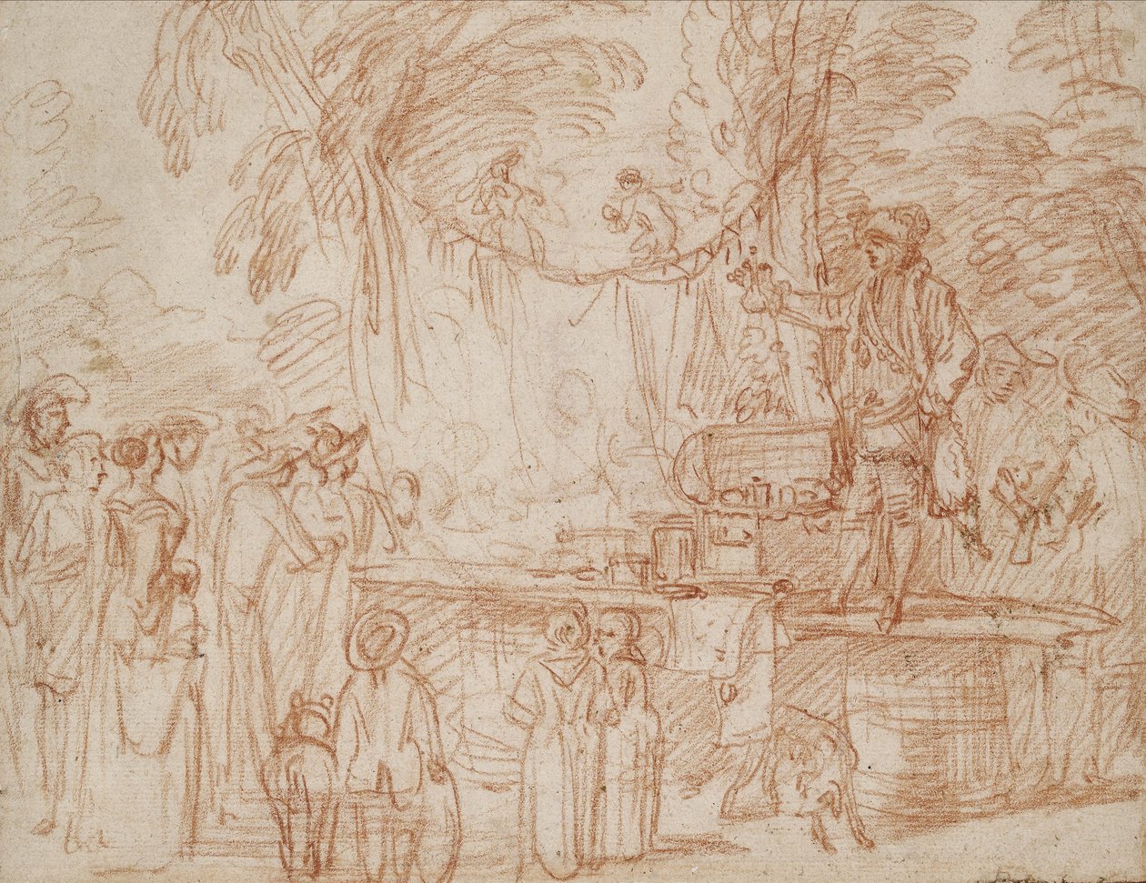 Recto; Quack Doctor selger varene sine i friluft (rødt kritt på papir) av Jean Antoine Watteau