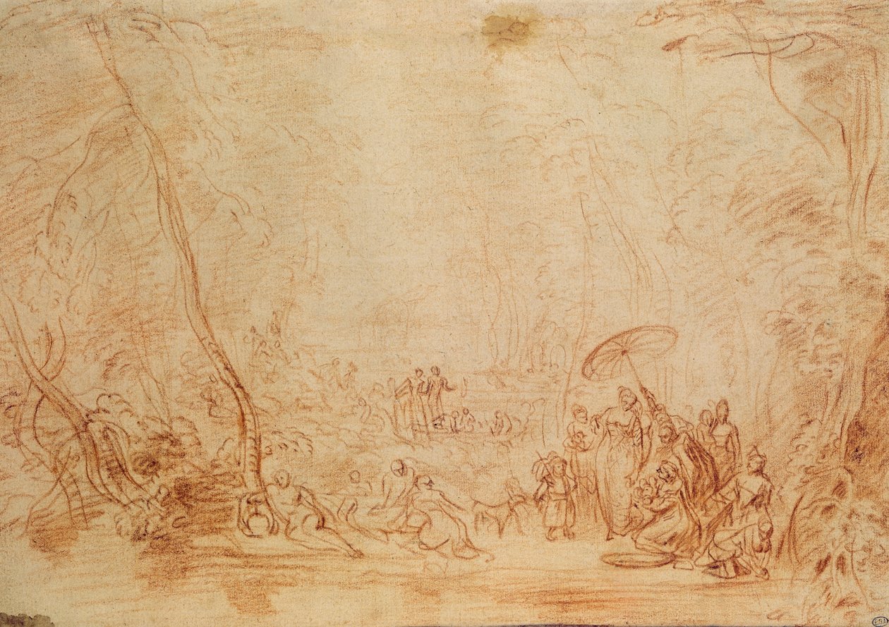 Redning av Moses fra vannet (sanguine på papir) av Jean Antoine Watteau