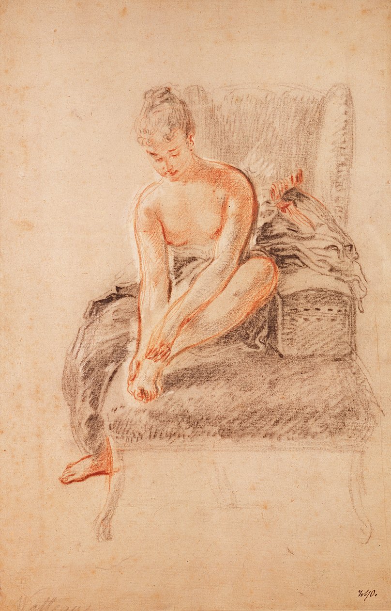 Halvnaken kvinne sitter på en sjeselong og holder foten hennes av Jean Antoine Watteau