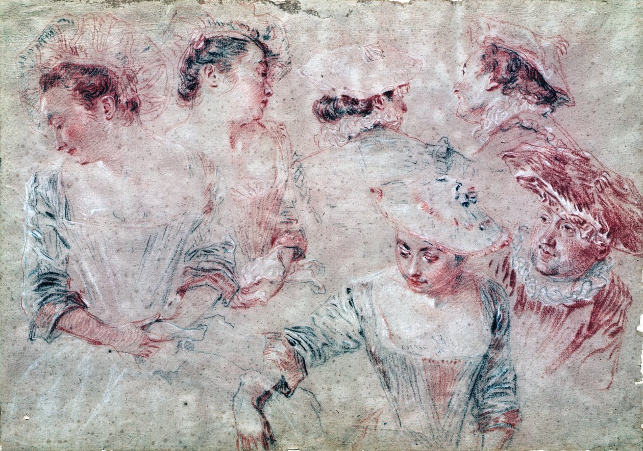 Seks studier (kull og rødt kritt på papir) av Jean Antoine Watteau