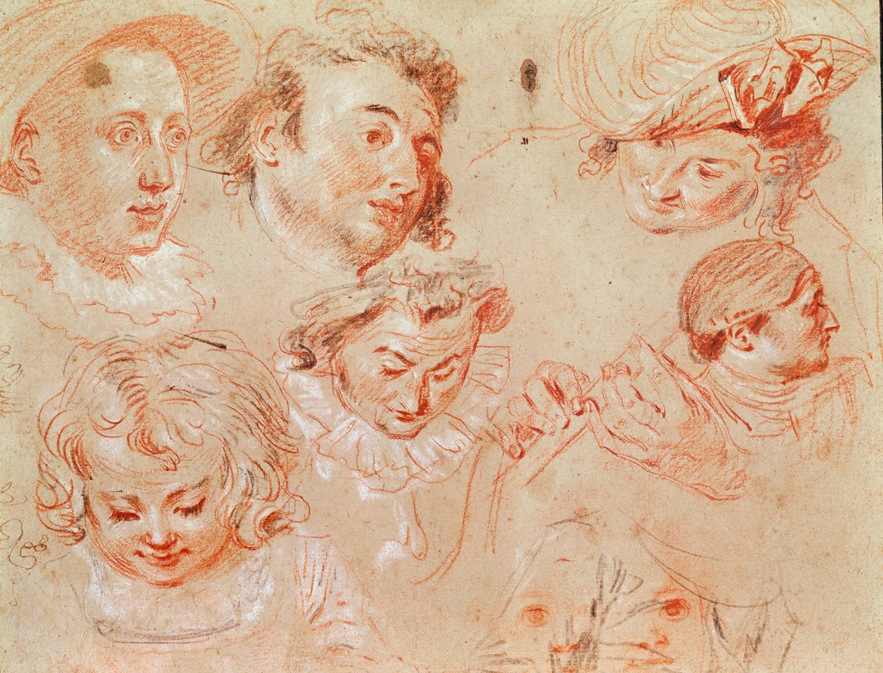 Seks hoder og to hender som spiller et musikkinstrument (fargestift med kullhøydepunkter) av Jean Antoine Watteau