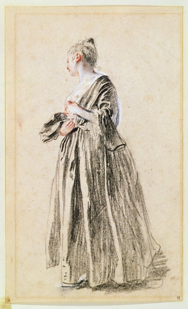 Stående kvinne (rød, svart og hvit kritt på papir) av Jean Antoine Watteau