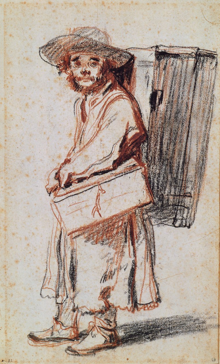 Studie av en pedlar fra Auvergne (kull og rødt kritt på papir) av Jean Antoine Watteau